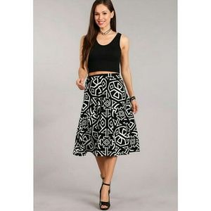 Geometric Full Elastic Waist Skirt Black White Mod